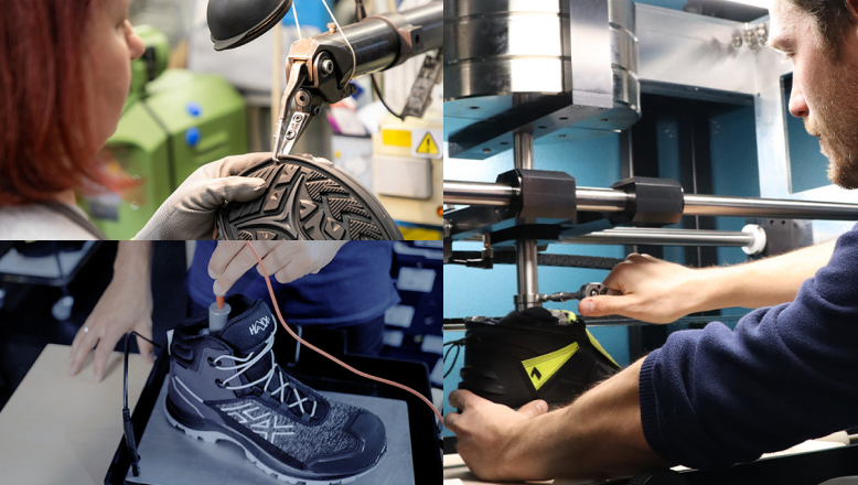 Schuhherstellung, Maßschuh, Schuhproduktion, Laborarbeitsbereich, Industriearbeit, Schuhherstellung, Schuhfertigung, Arbeitsprozess, Industriearbeit, Sneaker
